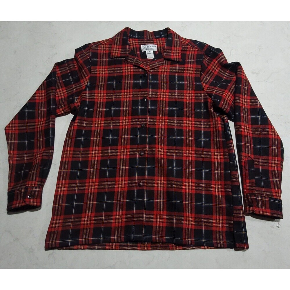 Pendleton 100% Virgin Wool Woman's Red Black Plaid Medium Vintage 90s EUC VTG